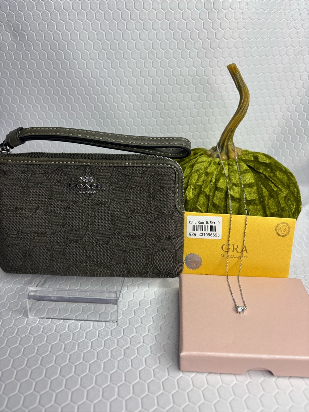Coach Olive Green Jacquard Wristlet and Moissanite Necklace NWT